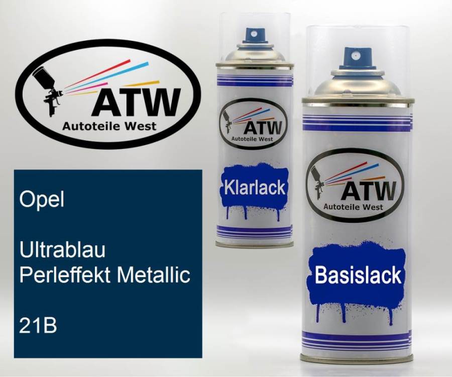 Opel, Ultrablau Perleffekt Metallic, 21B: 400ml Sprühdose + 400ml Klarlack - Set, von ATW Autoteile West.